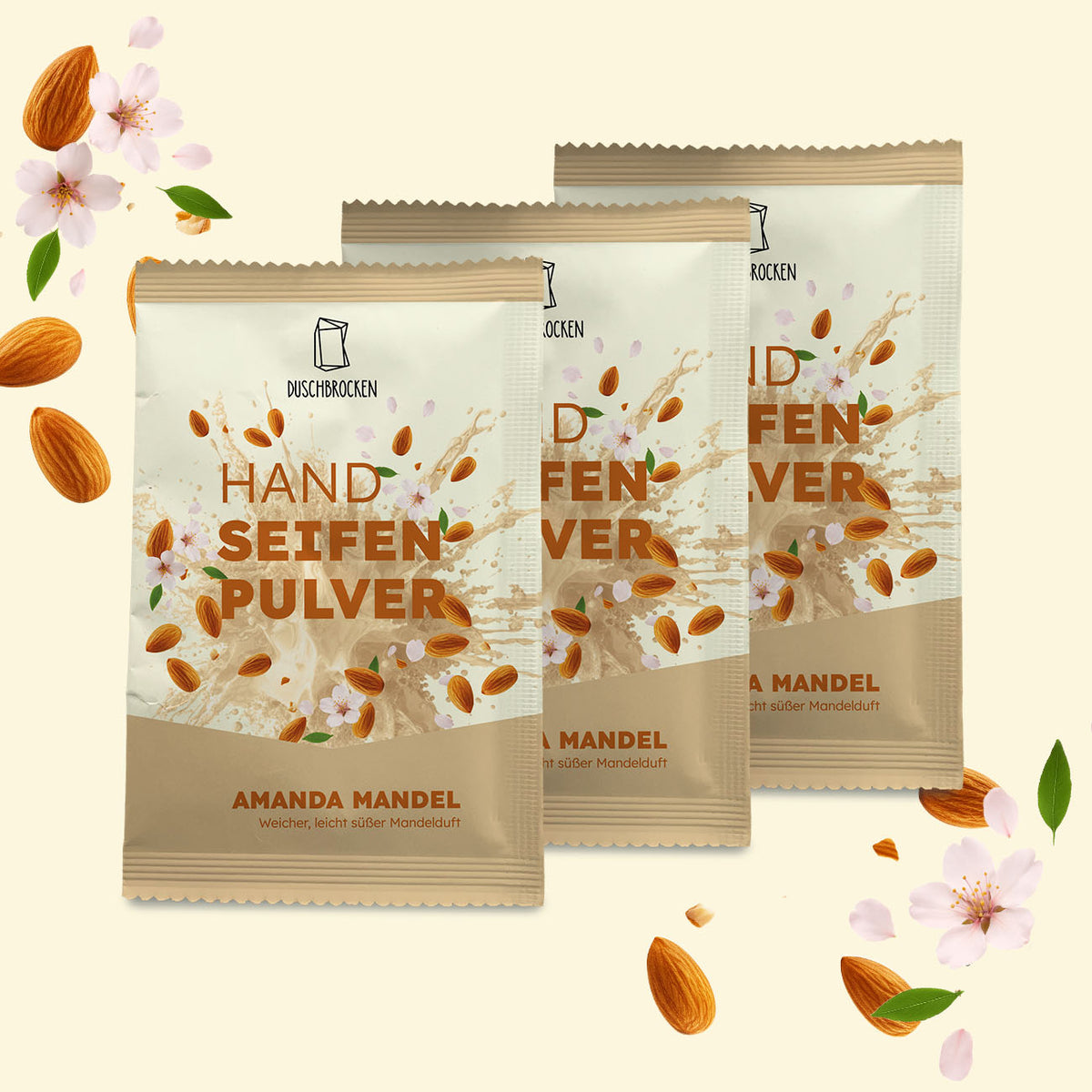 Handseifen-Nachschub Amanda Mandel im 3er-Pack mit Mandelpulver-Sachets