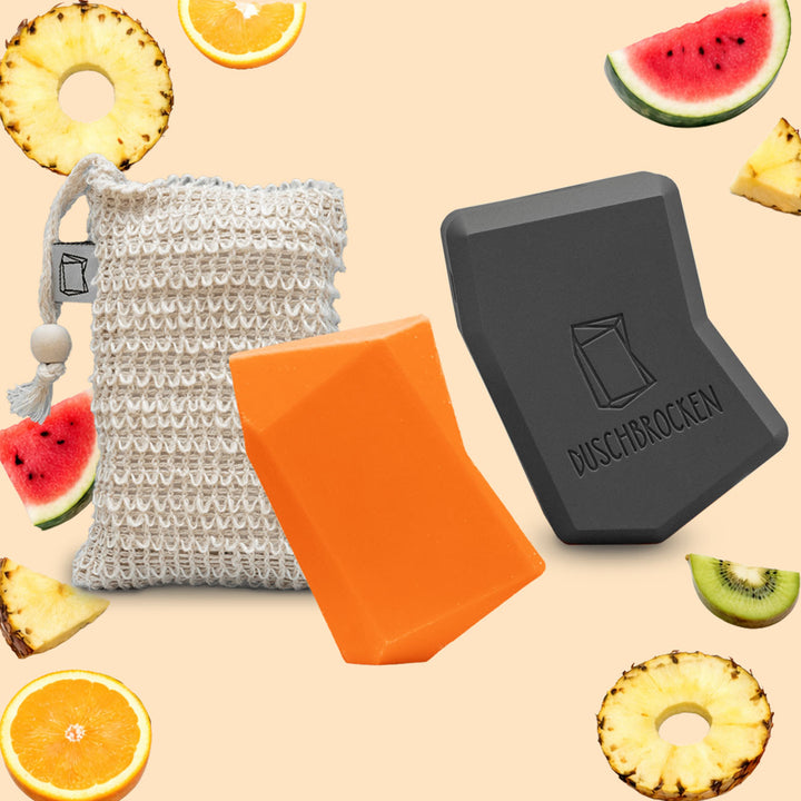 Duschbrocken Starter-Set: 1 Sisalsäckchen, 1 FAIRpackung, 1 Duschbrocken Frida Früchtechen