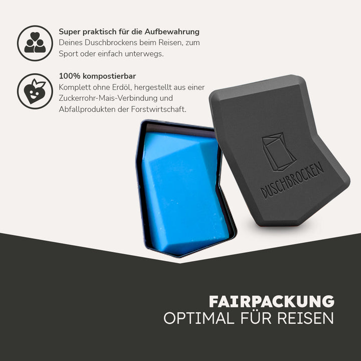 Produktbild des festen Shampoos & Duschgel in der Aufbewahrungsbox (FAIRpackung)