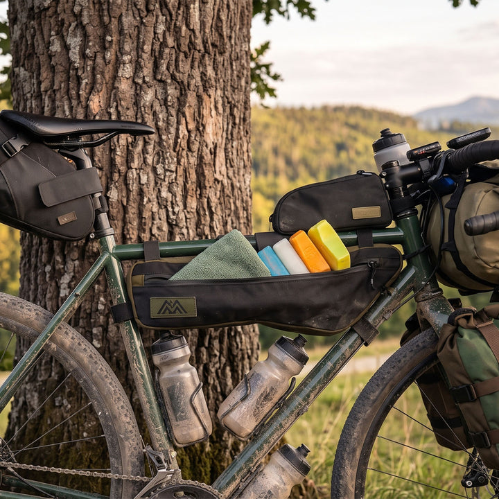 Bikepacking-Set mit Duschbrocken und Handtuch in der Rahmentasche am Fahrrad