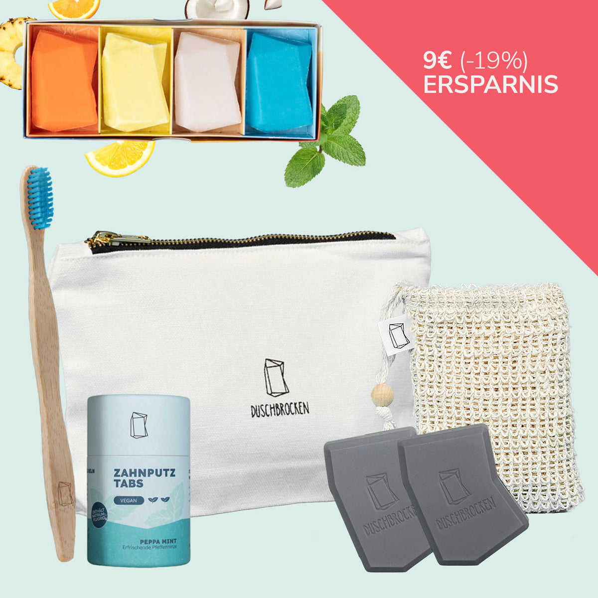 Duschbrocken Reise Essential Set. Enhalten: Duschbrocken Minis, 2 kleine FAIRpackungen, 1 Sisalsäckchen, 1 ZAhnputztabs, 1 Bambus Zahnbürste, 1 Kulturbeutel