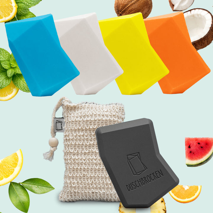 Schaumschlägerset von Duschbrocken. Bestehend aus 4 Duschbrocken, 1 Sisalsäckchen und einer FAIRpackung