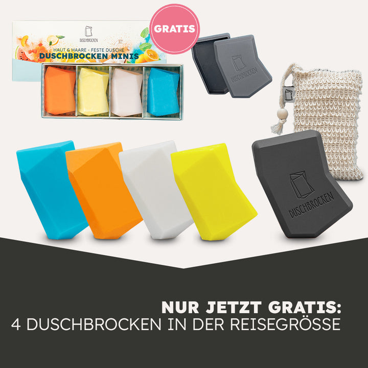 Neukunden Bundle Set. Bestehend aus 4x Fester Dusche, 1x FAIRpackung, 1x Sisalsäckchen, 1 Mini FAIRpackung und den 4 Mini Duschbrocken die es Gratis gibt.
